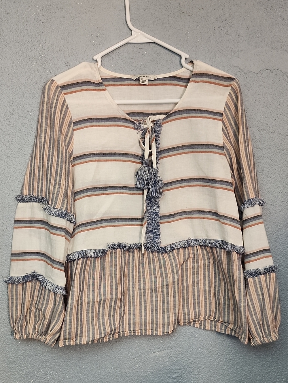 American Eagle Outfitters Cream, Blue & Tan Striped Tie-Front Tunic